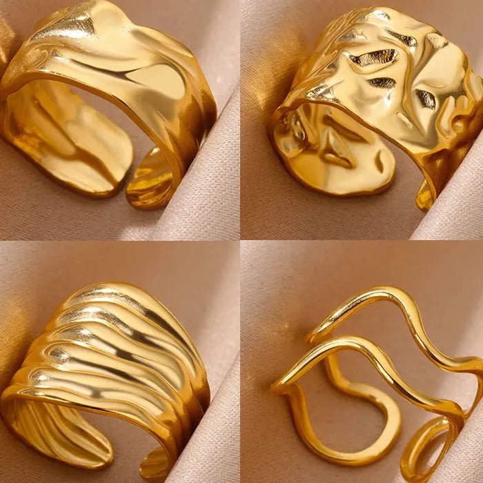 Gold Stainless Steel Irregular Geometric Chunky Wedding Band Ring for Women