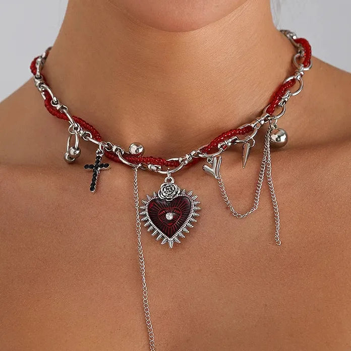 Zinc Alloy Red Beaded Heart Cross Rivet Pendant Necklace Gift