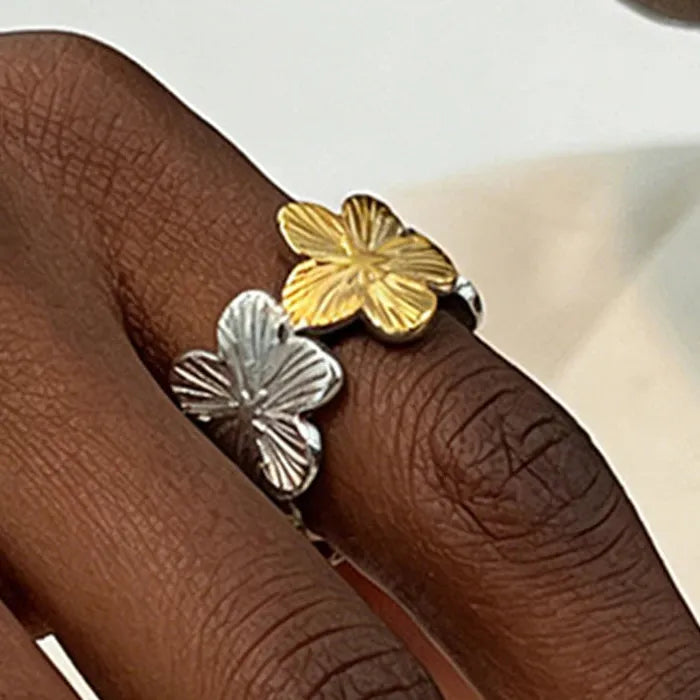 Adjustable Stainless Steel Flower Ring for Women Vintage Party Jewelry Gift