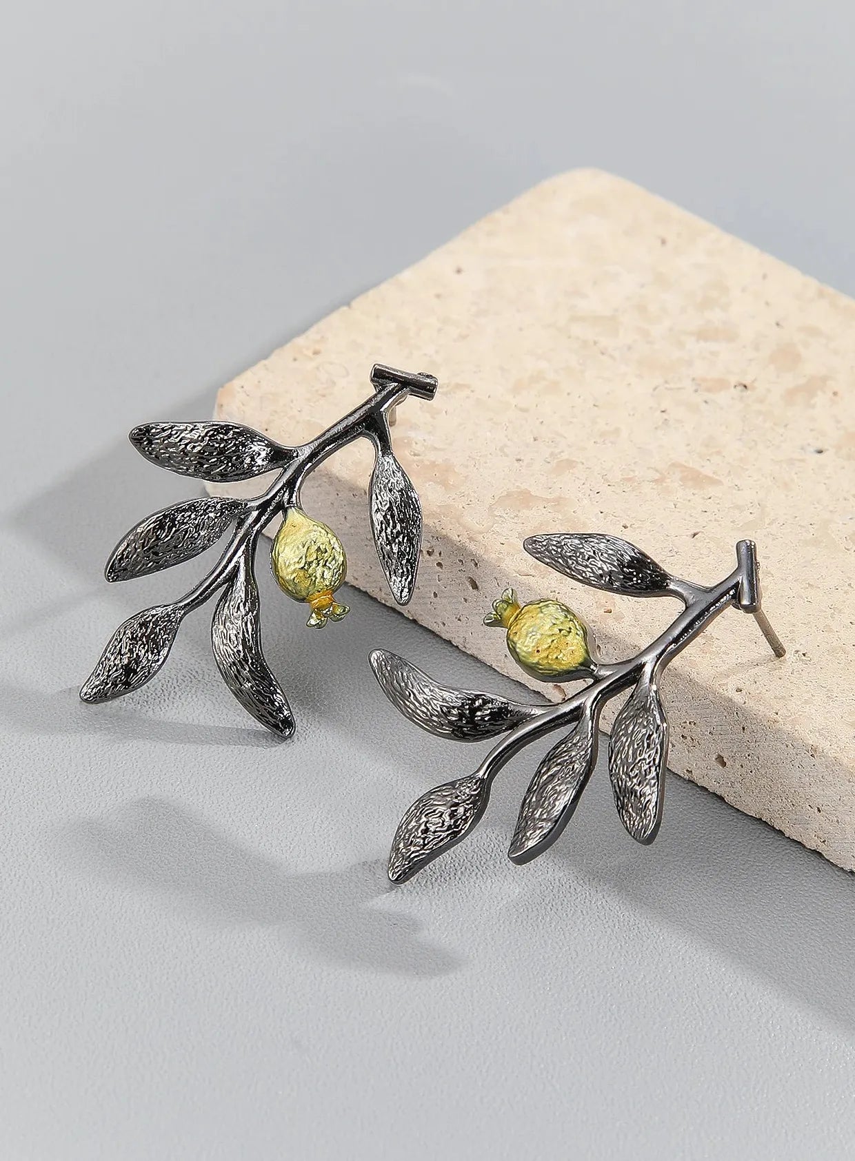 Elegant Blooming Flower Silver Color Pomegranate Fruit Leaves Branch Dangle Earrings for Women Zinc Alloy