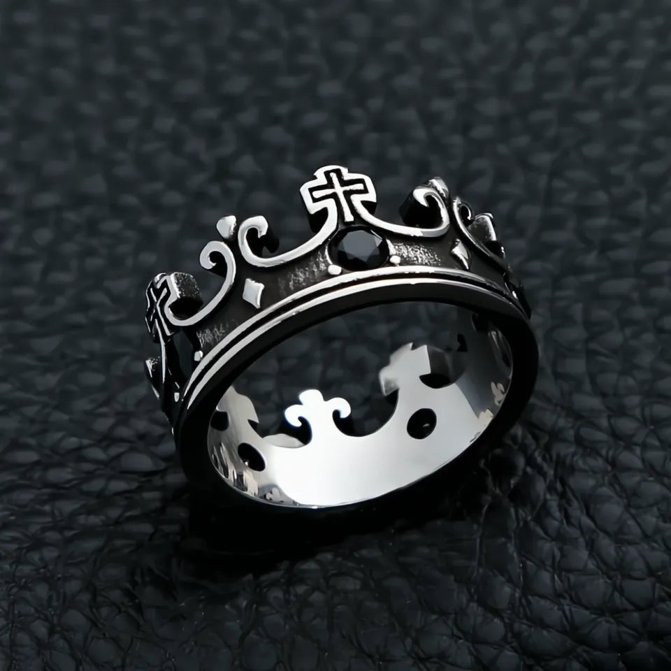 Vintage Crown Stone Ring 316L Stainless Steel Silver Gold Black Jewelry for Men Women Gift