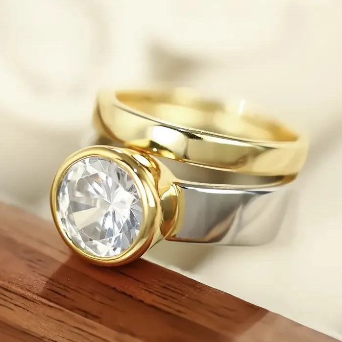 Two Tone 2Pcs Cubic Zirconia Brass Wedding Engagement Rings for Women