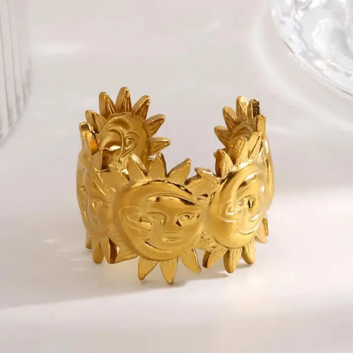 Gold Stainless Steel Geometric Sunflower Opening Ring for Women Men Jewelry