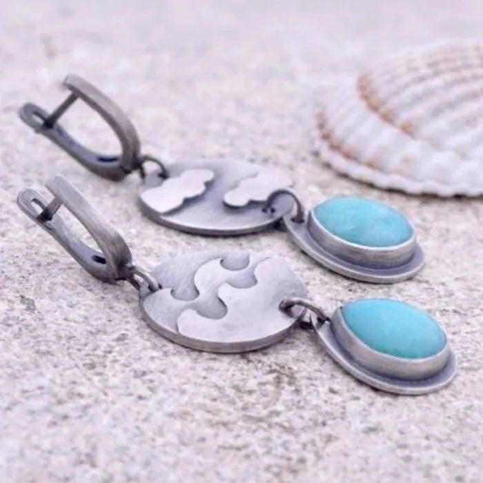 Imitation Moonstone Drop Earrings Blue Gemstone Zinc Alloy Cloud Moon Design