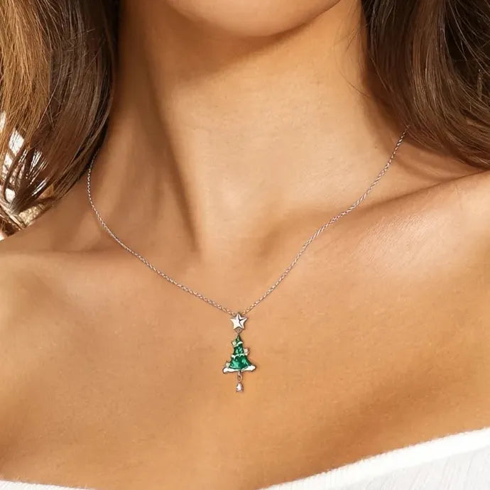 Green Christmas Tree CZ Enamel Pendant Necklace Brass Alloy Handmade Gift