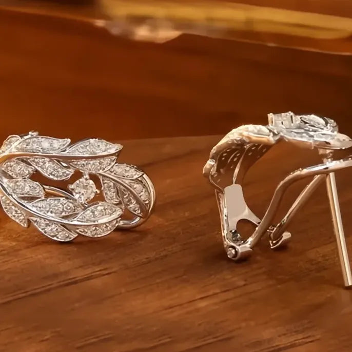 Geometric Silver Leaf Hoop Earrings with Cubic Zirconia Wedding Jewelry