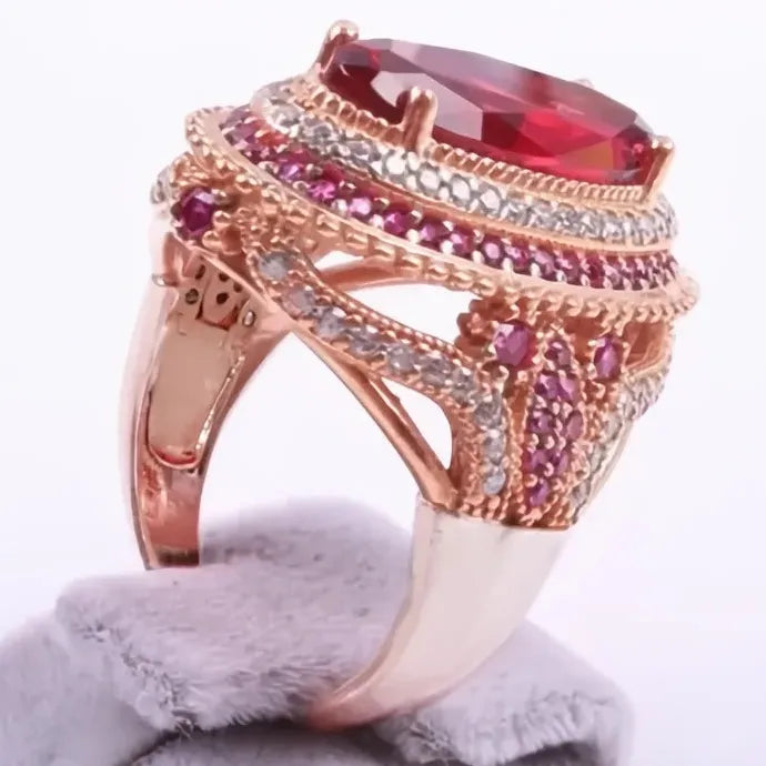 Women’s Red Oval CZ Brass Ring Geometric Cocktail Wedding Anniversary Gift