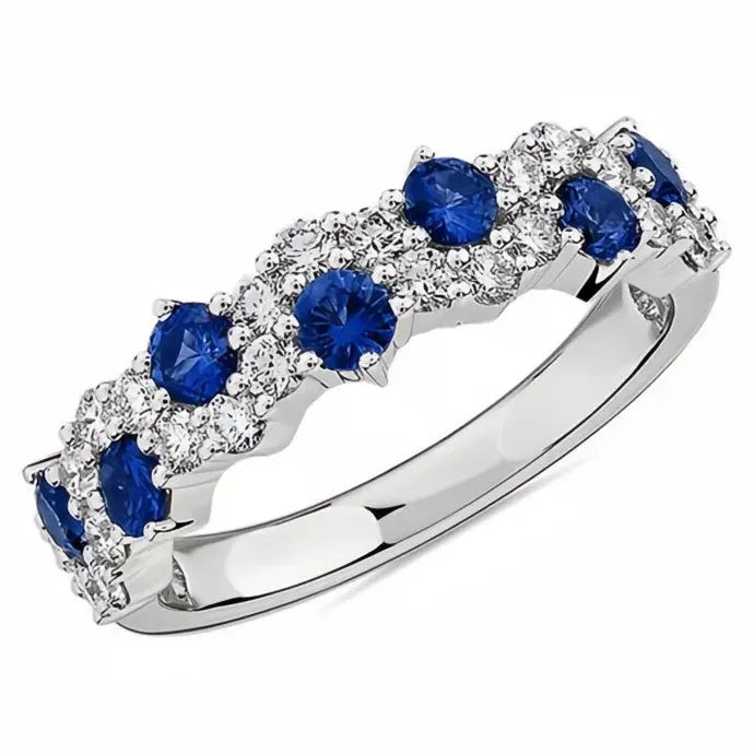 Silver Women Rings Blue White CZ Wedding Band Geometric Brass Jewelry