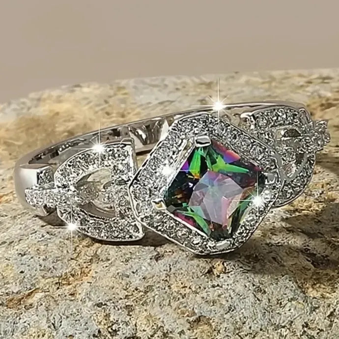 Women’s Cubic Zirconia Silver Geometric Wedding Ring Luxury Jewelry Brass
