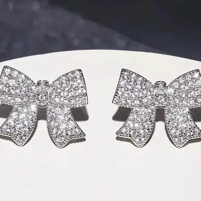 Delicate Bowknot Copper CZ Stud Earrings for Women Wedding Jewelry Gift