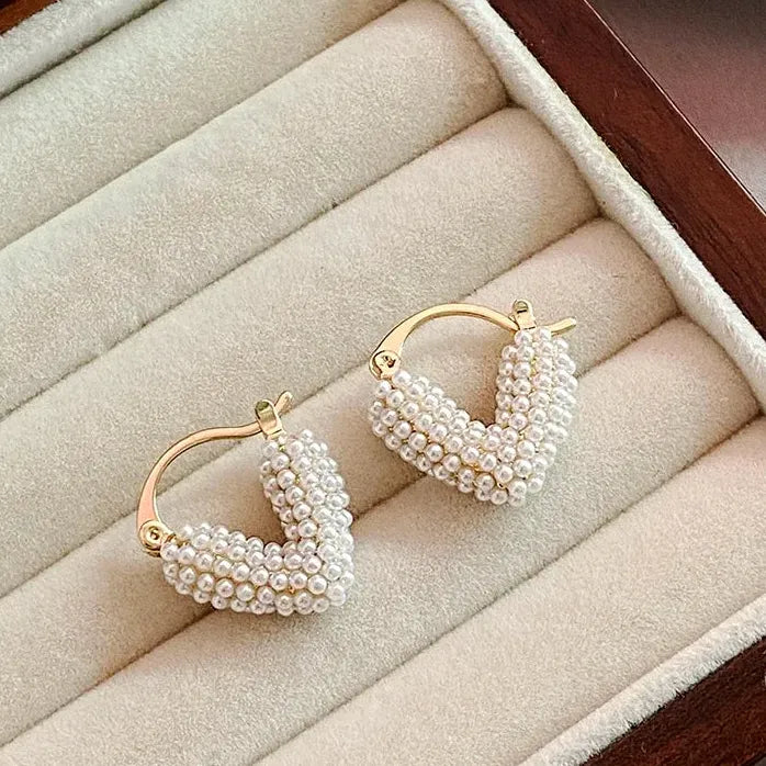 Pearl Heart Shaped Hoop Earrings Copper Alloy Elegant Jewelry for Women 2024