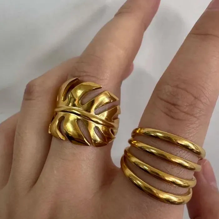 Adjustable Stainless Steel Leaf Wave Line Ring for Women Vintage Gold Jewelry