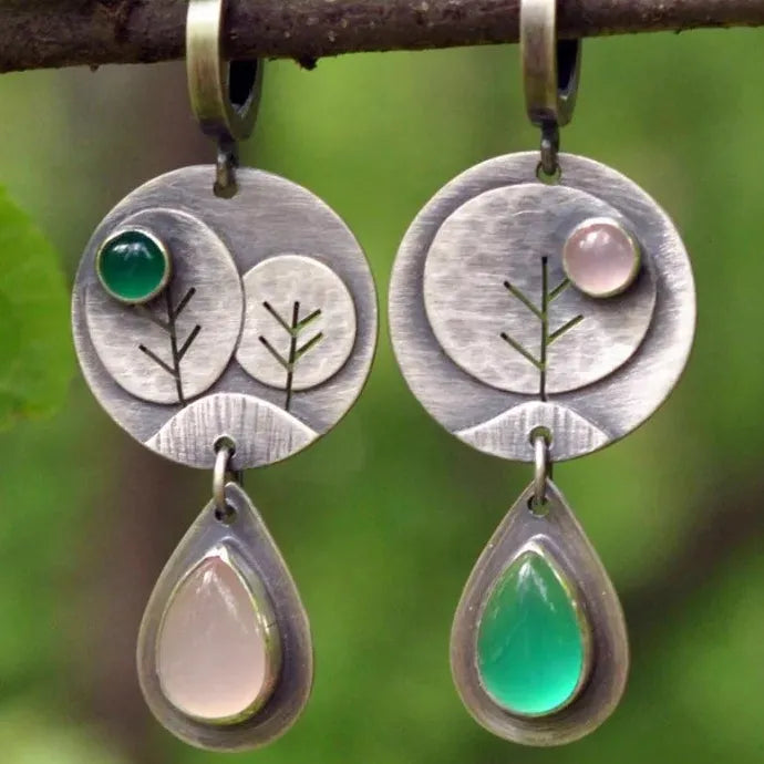 Retro Waterdrop Flower Leaf Geometric Pink Green Gemstone Silver Earrings Women