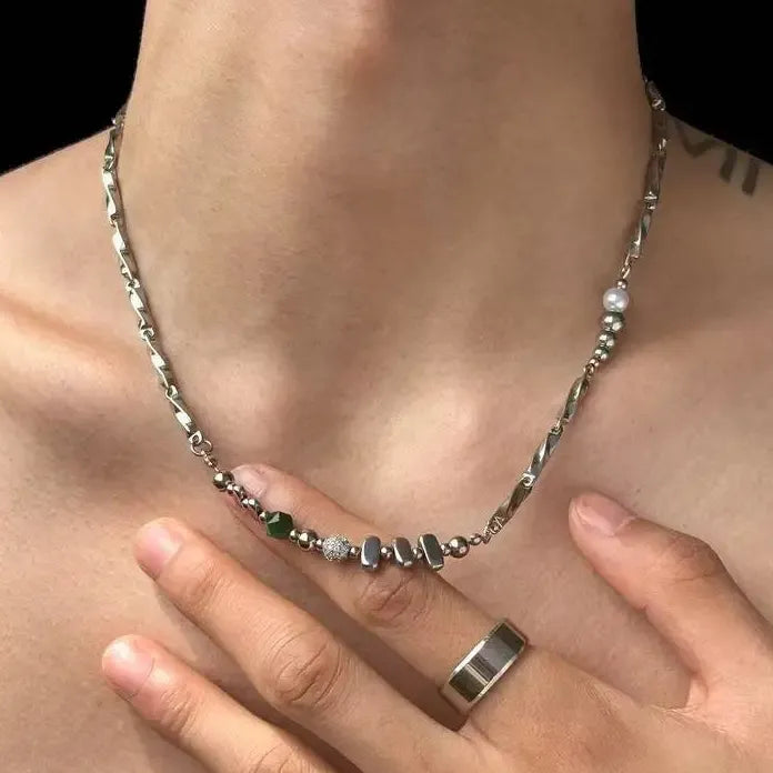 Punk Stainless Steel Irregular Beaded Splicing Circle Choker Necklace Men Hiphop Jewelry
