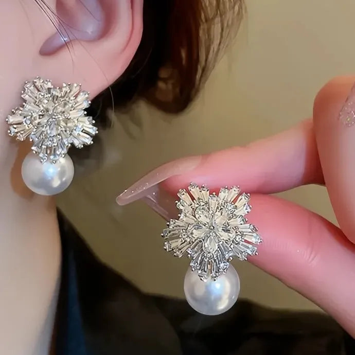 Simulated Pearl & Cubic Zirconia Geometric Drop Earrings for Women Brass Alloy