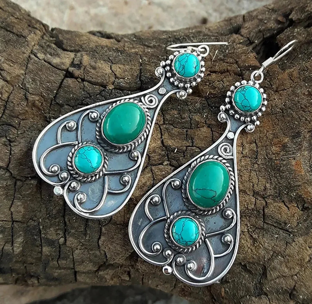 Bohemian Retro Geometric Drop Earrings Women’s Ethnic Imitation Turquoise Jewelry