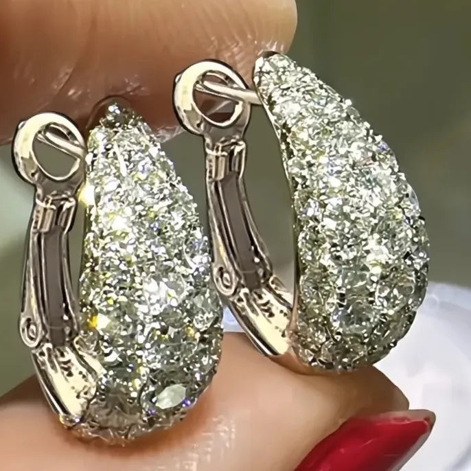 Silver Geometric Hoop Earrings with Cubic Zirconia for Wedding & Party