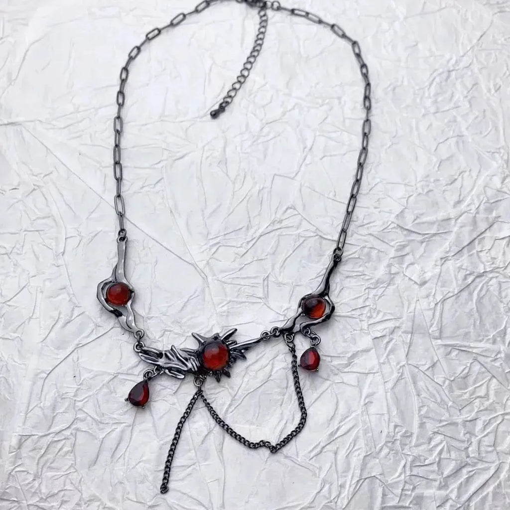 Black Stainless Steel Chain Necklace with Red Zircon Waterdrop Pendant