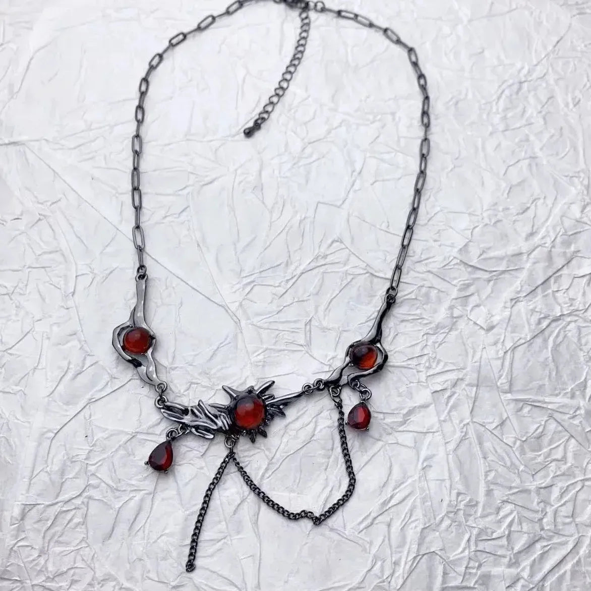 Black Stainless Steel Chain Necklace with Red Zircon Waterdrop Pendant