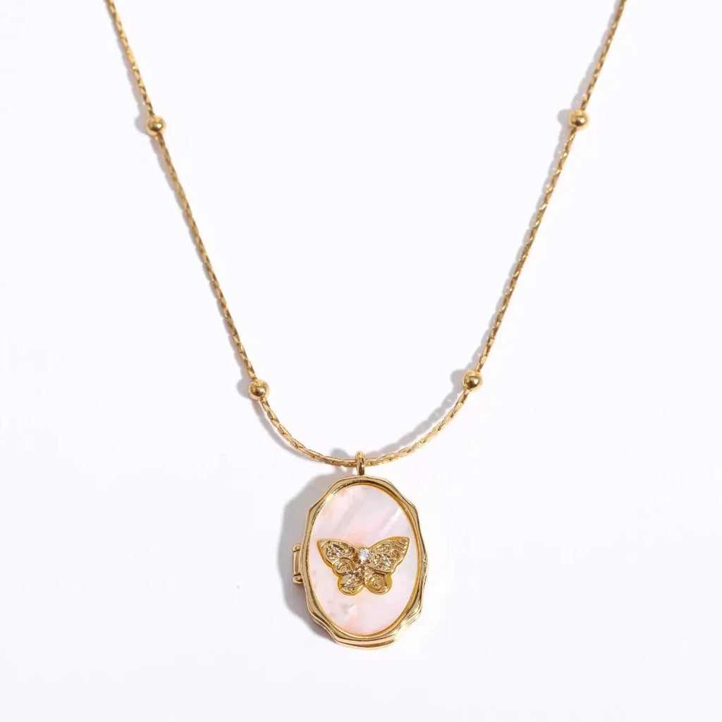Custom Butterfly White Shell Photo Frame Locket Necklace for Women Stainless Steel Jewelry Valentine Gift