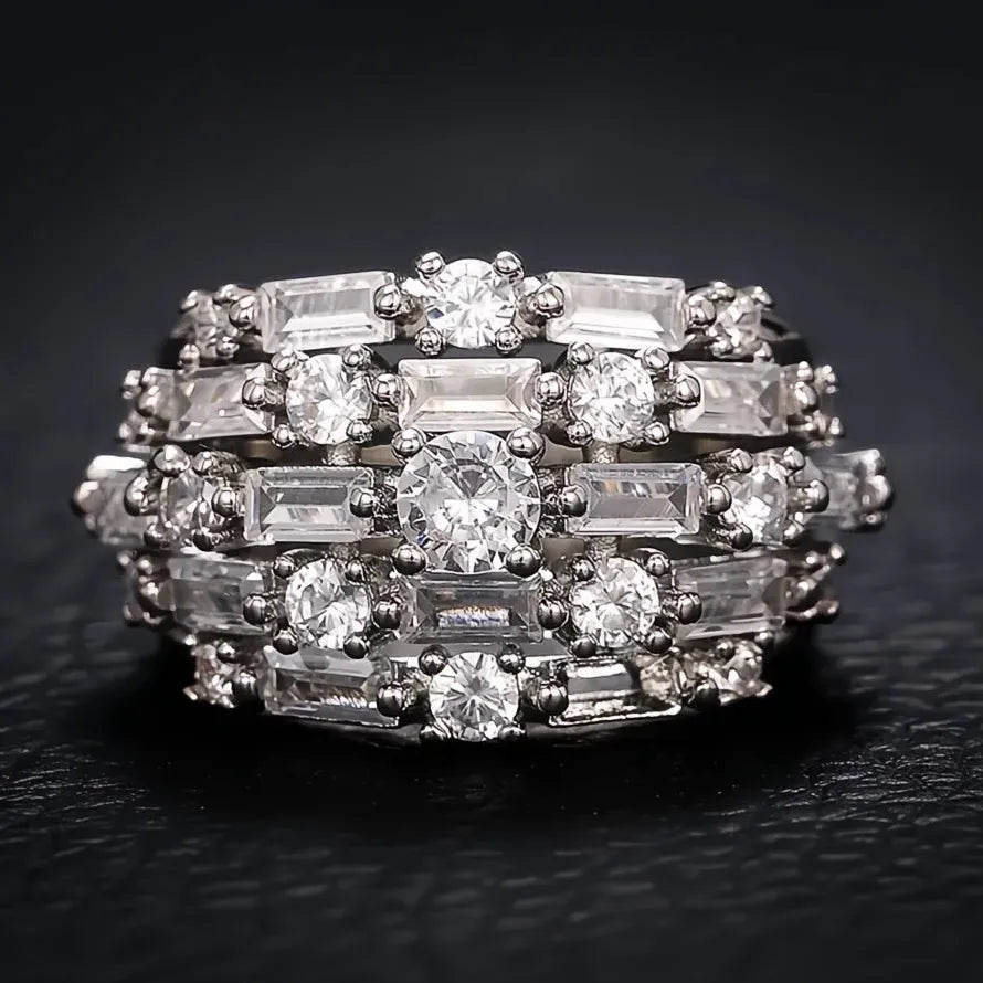 Women Geometric CZ Ring Brass Fashion Party Jewelry Shining Cocktail Ring