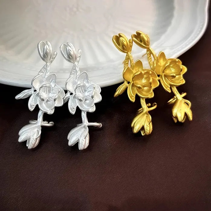 Vintage Matte Copper Jasmine Plant Stud Earrings Art Deco Unisex Jewelry