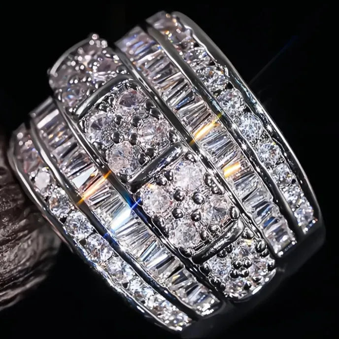 Silver Wide Cocktail Ring for Women with Bright Cubic Zirconia Inlay, Trendy Brass Party Jewelry