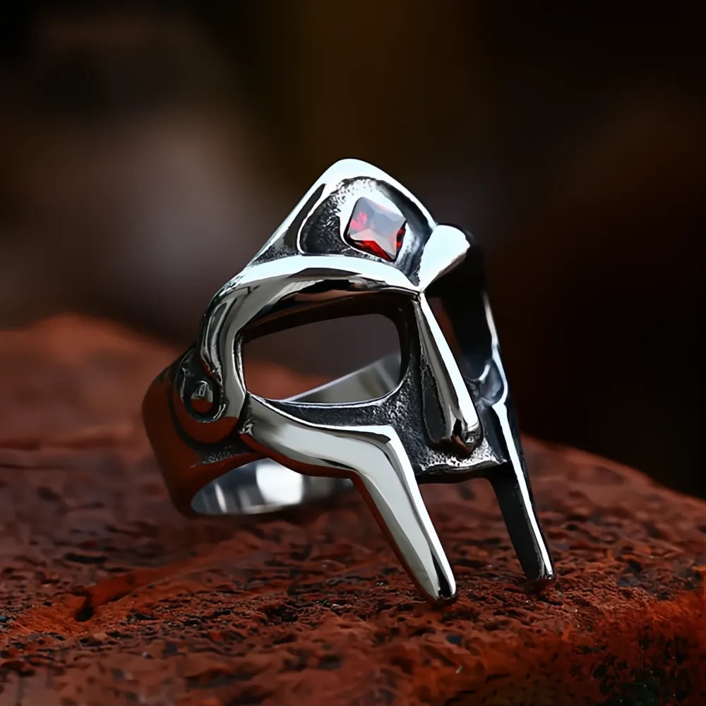 Gothic Vintage MF DOOM Mask Ring Stainless Steel Red Stone Punk Biker Jewelry Men Women