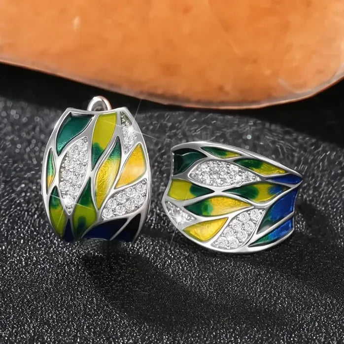 Women's Leaf Design Enamel Hoop Earrings Brass Alloy Anniversary Jewelry