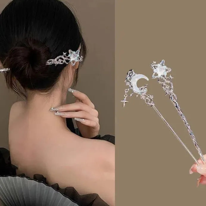 Vintage Zinc Alloy Star Moon Tassel Hair Stick Chinese Hairpin for Women