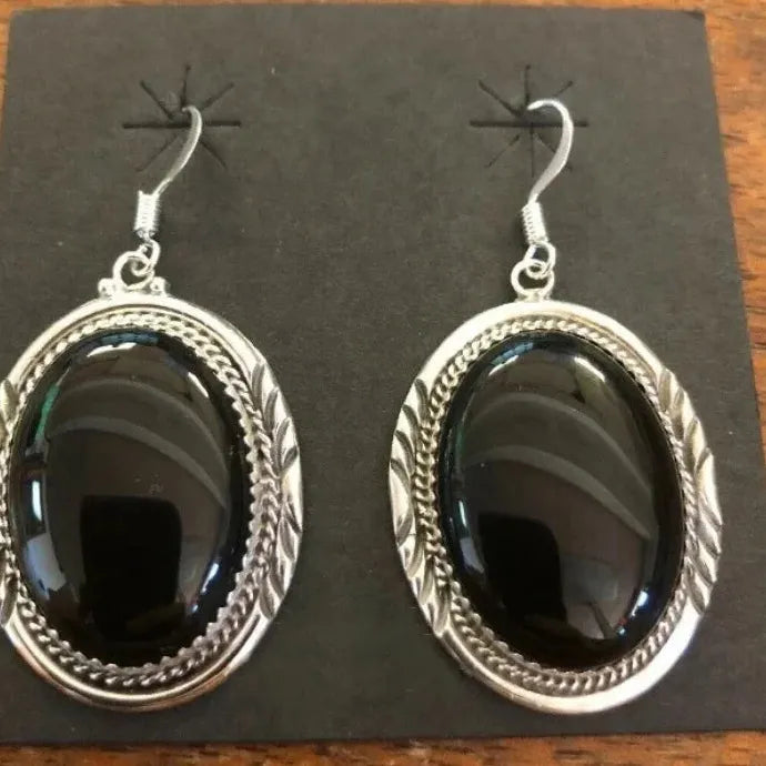 Vintage Silver Large Black Onyx Hoop Stud Earrings Zinc Alloy for Women