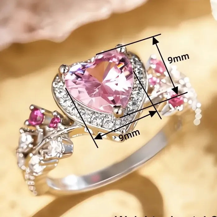 Heart Pink Cubic Zirconia Silver Wedding Ring for Women Engagement