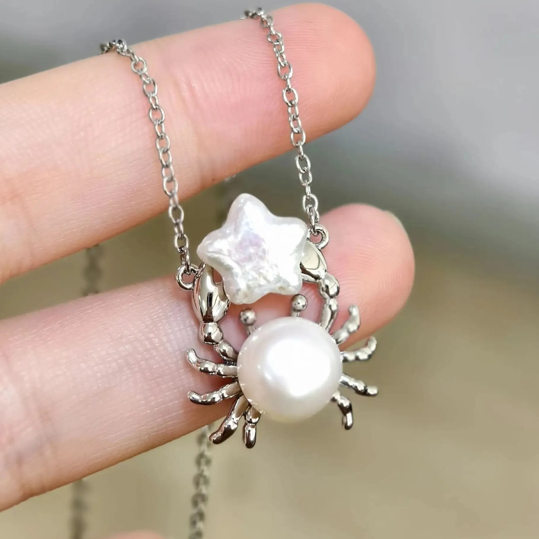 Geometric Irregular Freshwater Pearl Necklace Pink Fish Crab Pendant Choker Jewelry