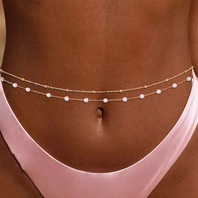 Double Layer Pearl Waist Chain Bikini Body Jewelry for Women Summer Beach