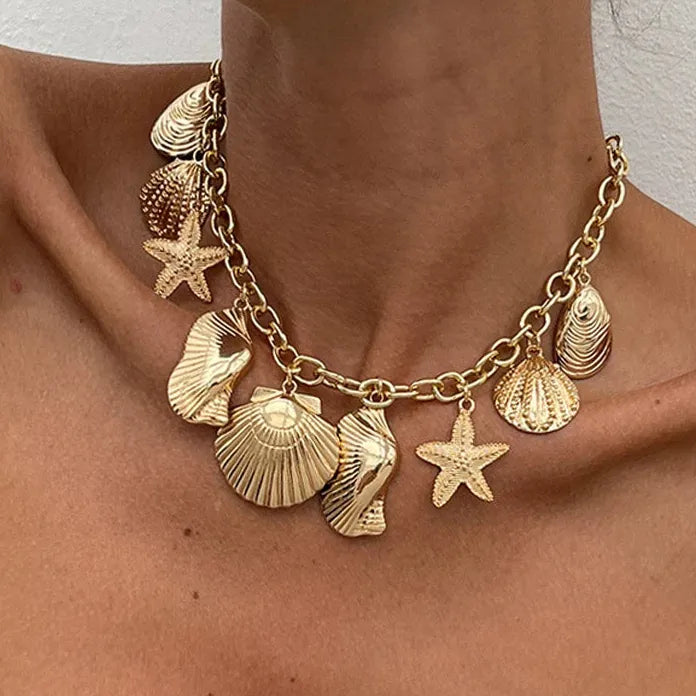 Vintage Starfish Shell Pendant Necklace Adjustable Metal Beach Gift for Women