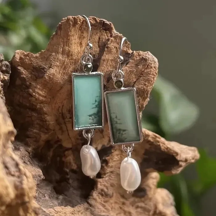 Vintage Geometric Resin Drop Earrings Antique Silver Pearl Pendant Gift