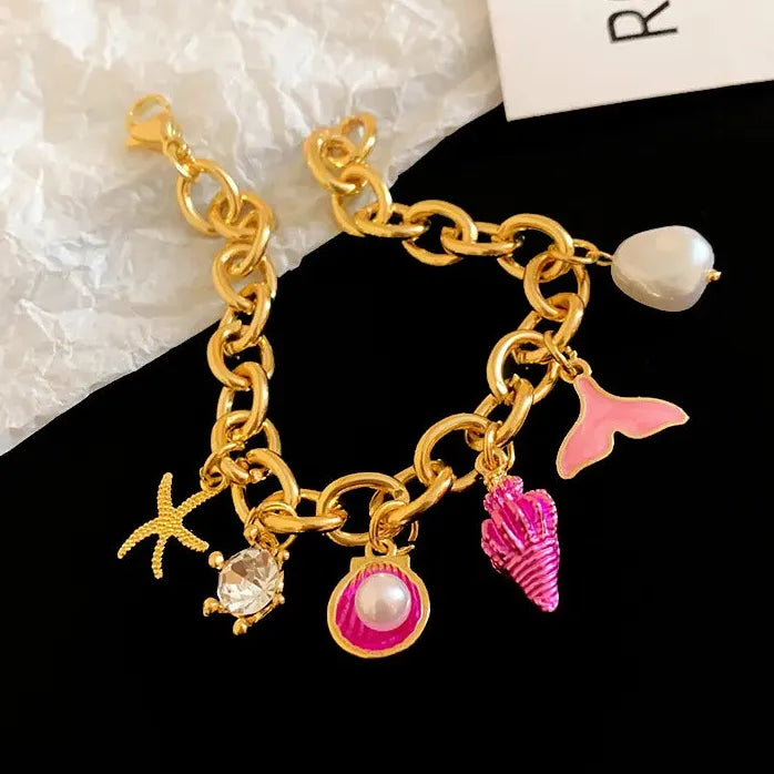 Drop Oil Fish Tail Conch Pearl Copper Alloy Chain Bracelet for Men & Women