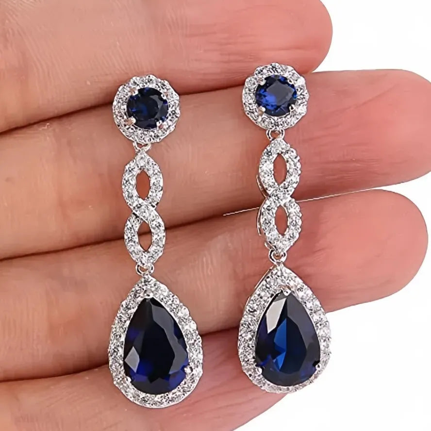 Blue Cubic Zirconia Geometric Drop Earrings for Women Brass Wedding Bride Jewelry