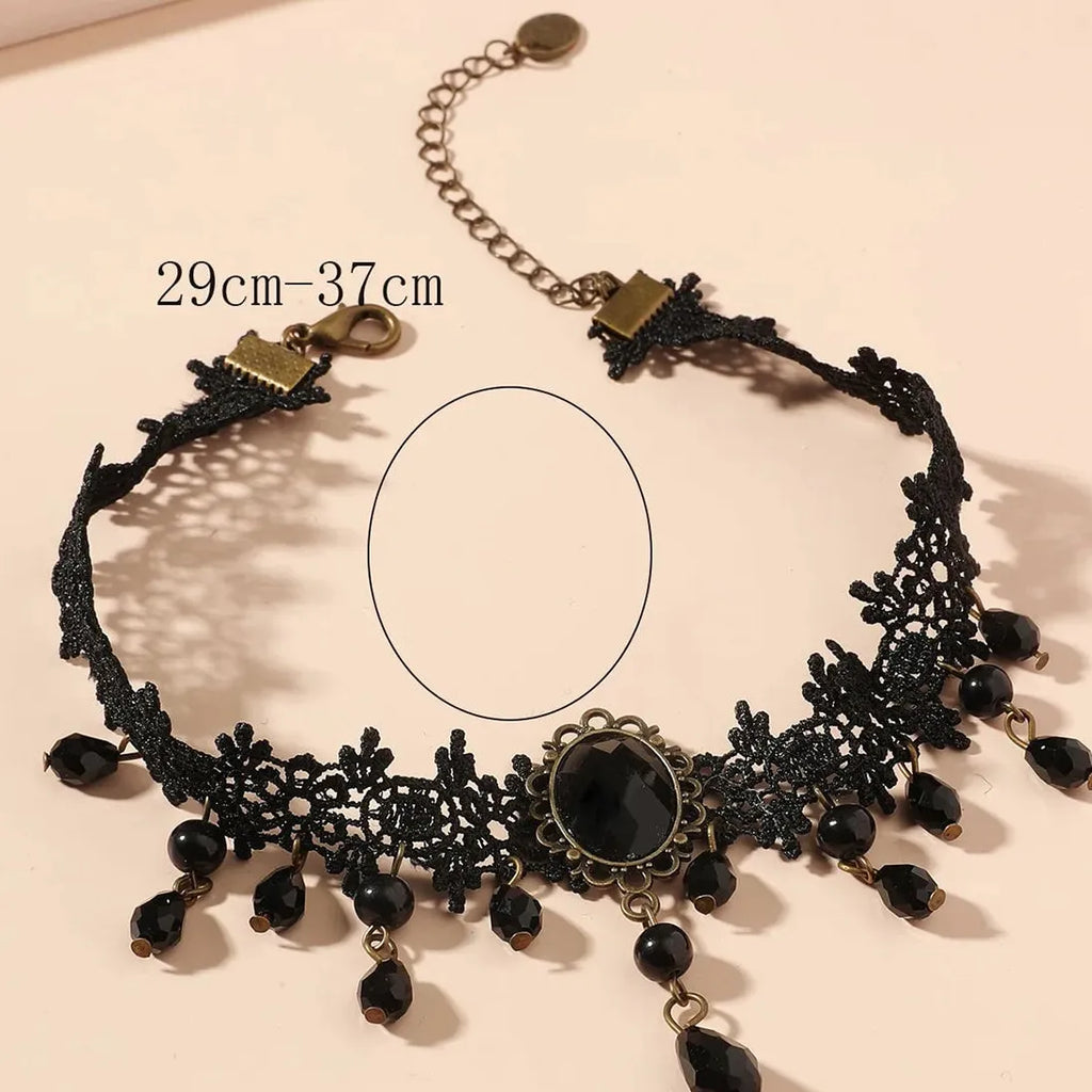 Black Lace Gothic Choker with Crystal Circle Pendant for Women