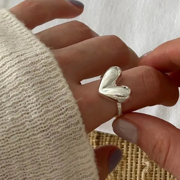 Elegant Silver Heart Ring for Women Girls Korea Fashion Jewelry Romantic Gift