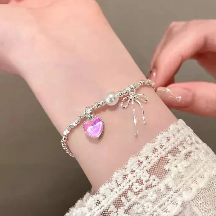 Y2K Pink Zircon Bowknot Necklace & Bracelet Set for Women Zinc Alloy