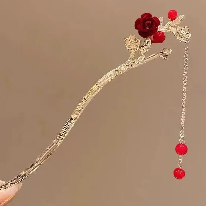 Vintage Chinese Red Rose Alloy Tassel Hair Stick for Women Hairpin
