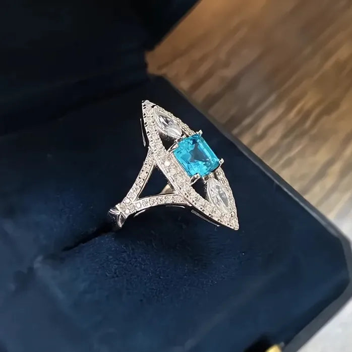 Hyperbole Marquise Blue Cubic Zirconia Brass Wedding Ring for Women