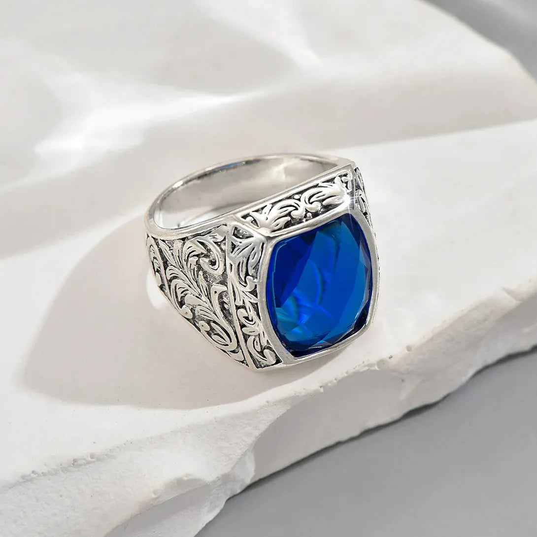 Vintage Punk Geometric Blue Zinc Alloy Men's Ring Luxury Anniversary Wedding Jewelry