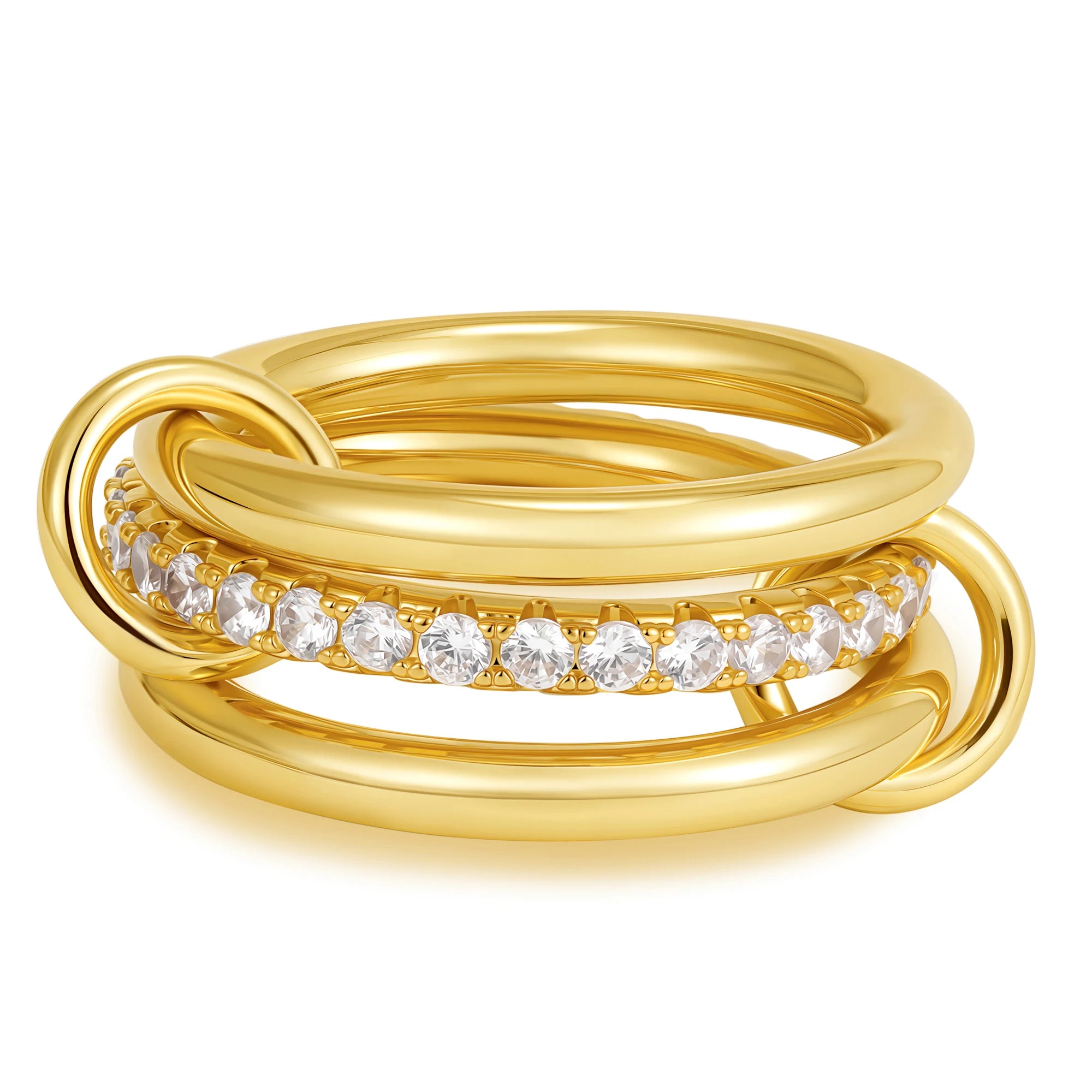 Multi Connected Triple Layer Gold CZ Zircon Punk Stacking Ring for Women