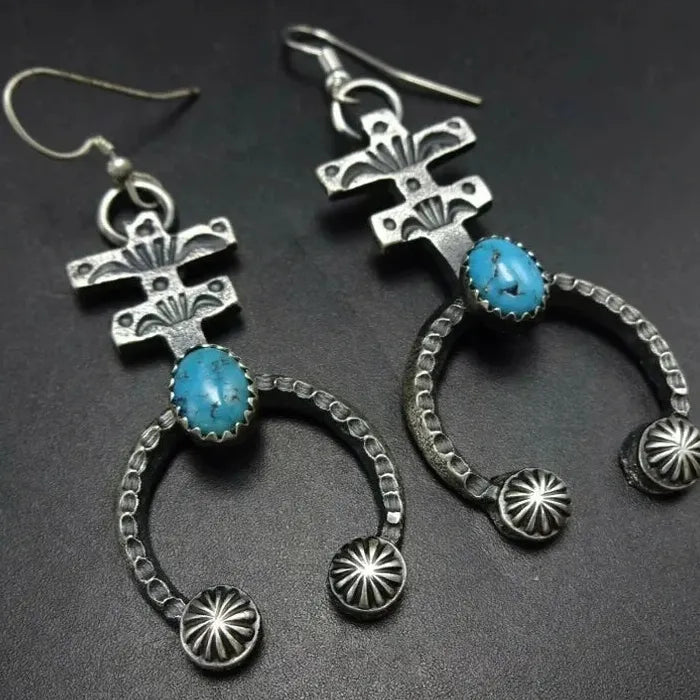 Vintage Indian Tribe Women's Ethnic Imitation Turquoise Long Metal Drop Earrings