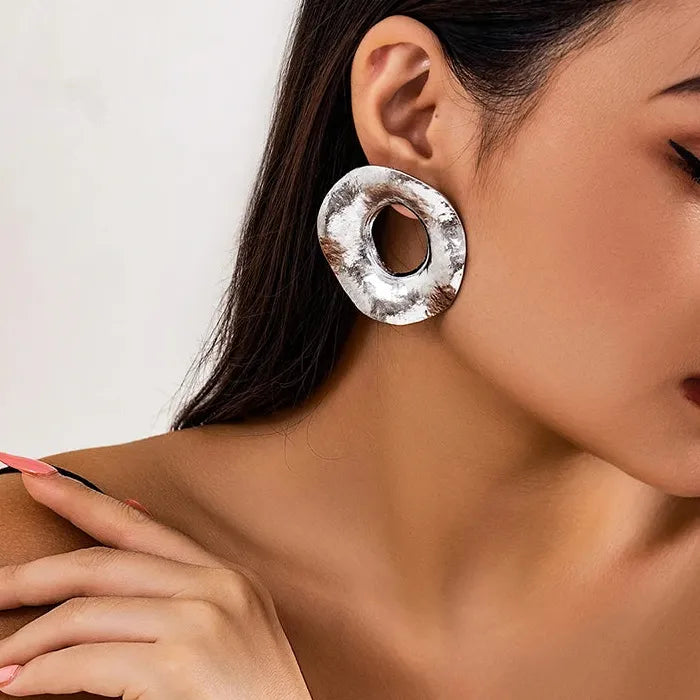 Large Geometric Hollow Metal Earrings for Women Irregular Round Texture