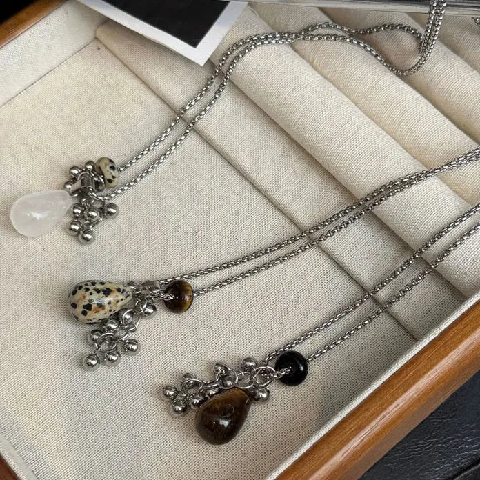 Tiger's Eye Natural Stone Teardrop Pendant Necklace Copper Chain Women