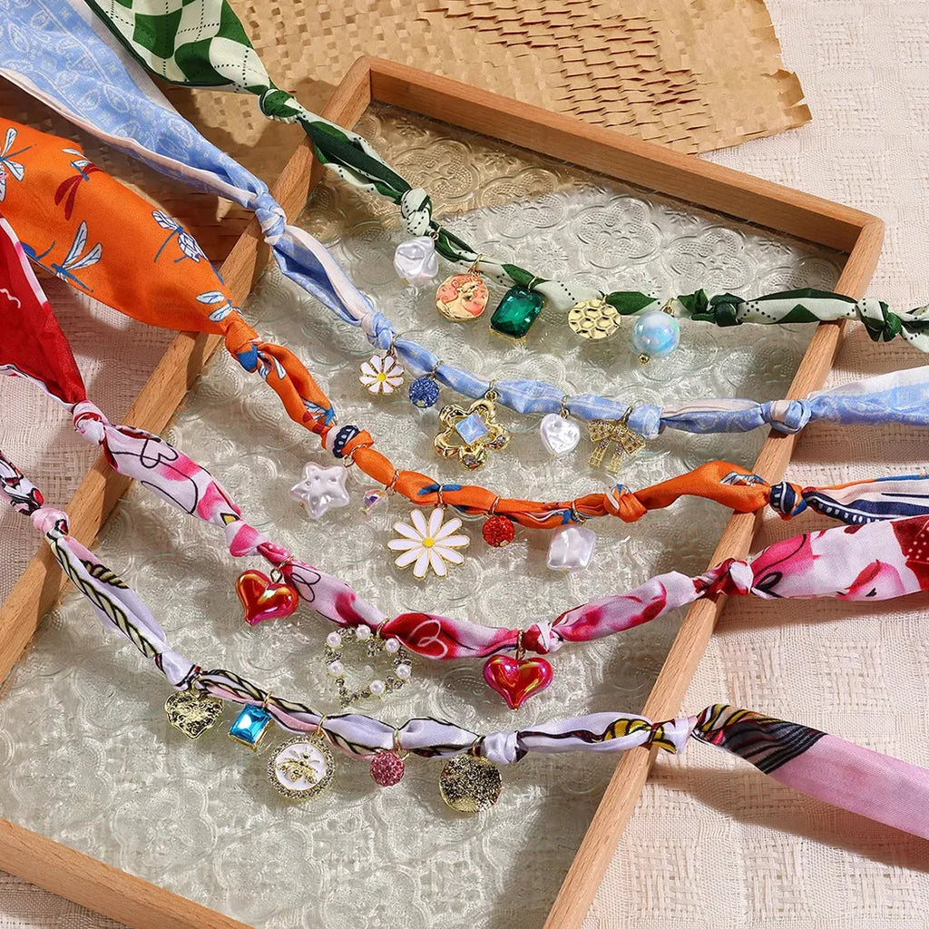 Copper Alloy Multicolored Knot Scarf Necklace Featuring Crystal Daisy Bowknot Heart Star Charms Choker for Women Autumn