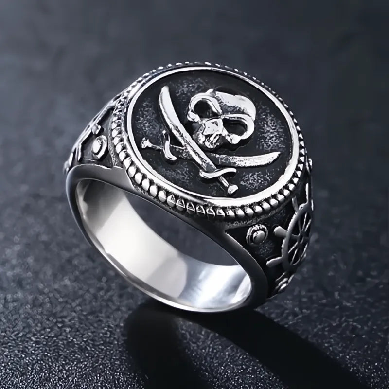 Vintage Men's Pirate Skull Double Knife Signet Ring 316L Stainless Steel Gold Silver Compass Goth Punk US 7-13